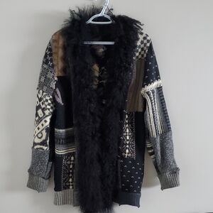 Unknown Brand Bohemian Patchwork Knit Cardigan Sweater with Faux Fur Trim Size M